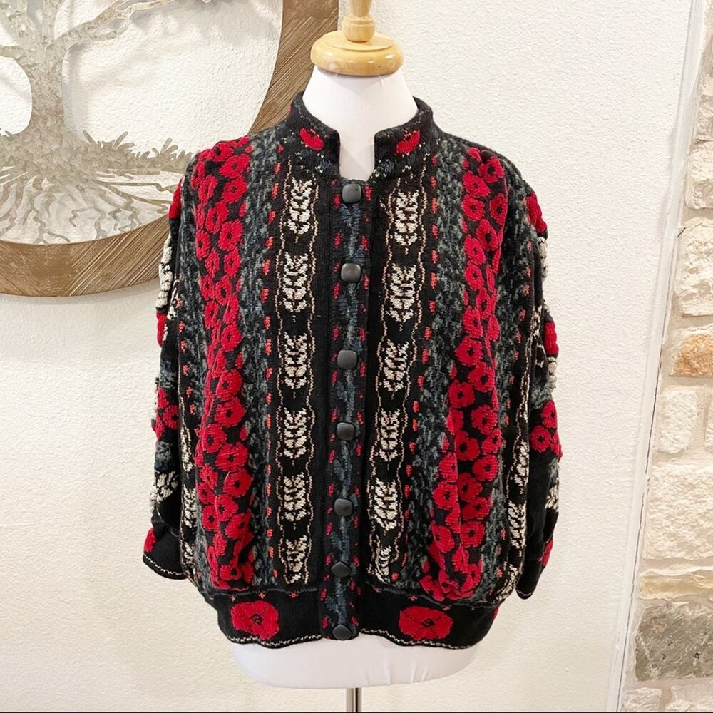 Vintage Maureen Goldie Design Scotland Wool Floral Cardigan Sweater Black Red